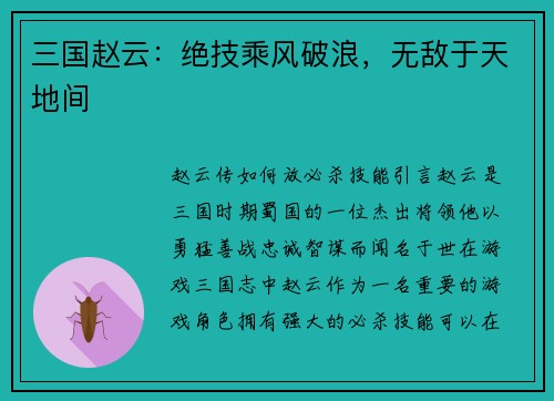 三国赵云：绝技乘风破浪，无敌于天地间