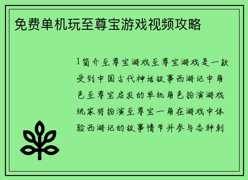 免费单机玩至尊宝游戏视频攻略